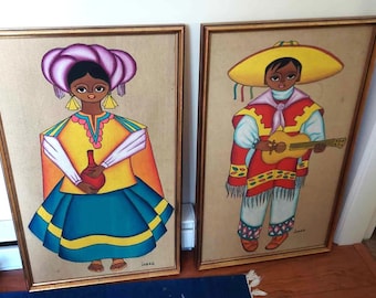 Awesome Vintage Pair of Mexican Hand Painted Burlap Paintings, Signed ,17.5 x 28.5 inches