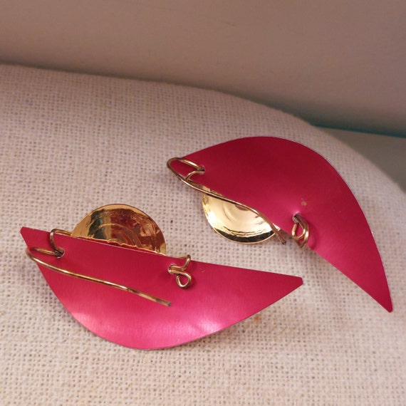 Enamel Pink and Gold Artisan Made Earrings - image 5