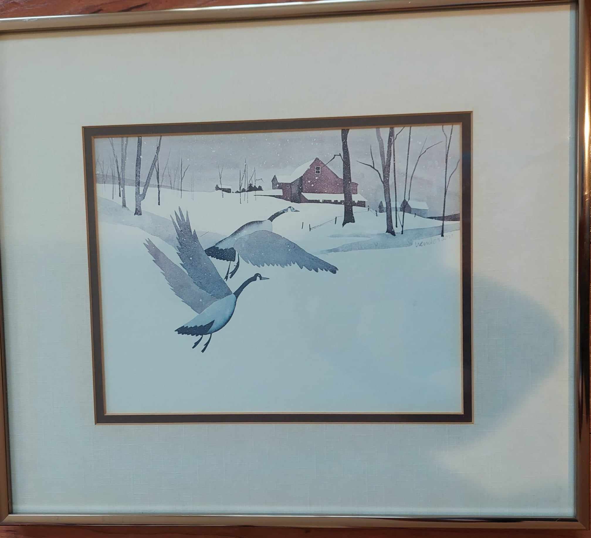 Vintage Zen Like Watercolour Print by Henderson , Winter Snow Red
