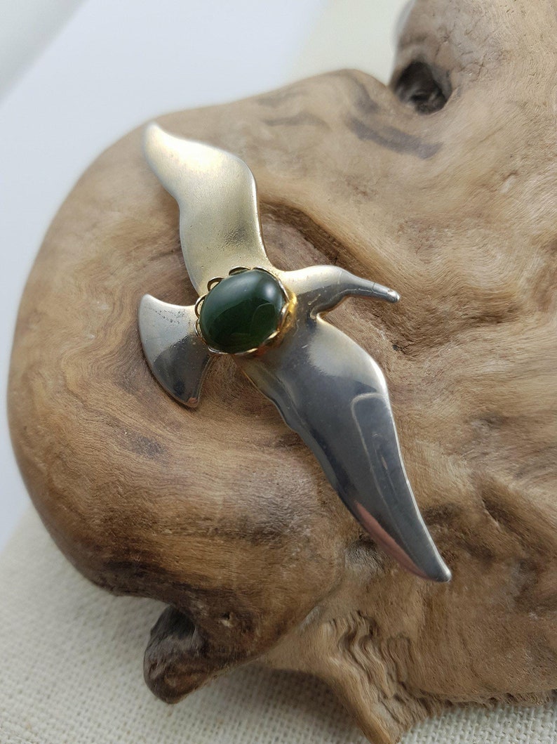 Vintage Bird and Genuine Jade Stone Brooch Pendant Option