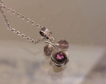 Vintage Tiny Ruby Stone Sterling Silver Pendant Necklace