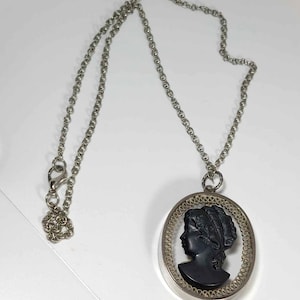 Vintage Black Glass Cameo Pendant Necklace