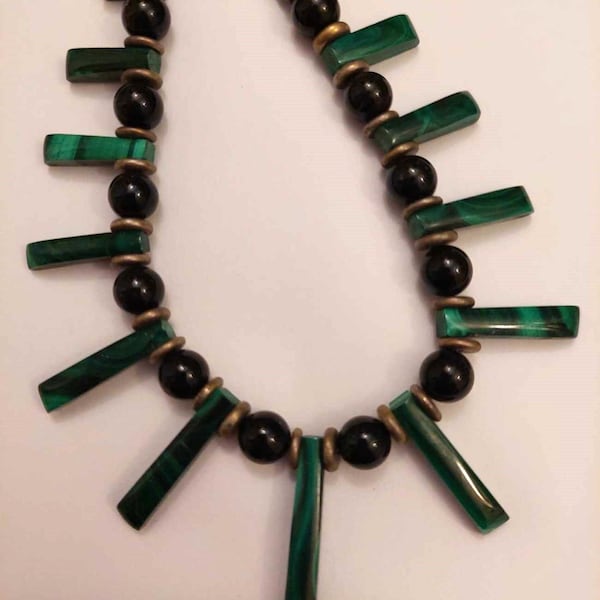 Vintage Malachite Stone Fan Style Beaded Neckace