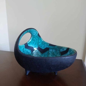 Stunning Raku Pottery Pedestal Bowl, Made in Spain, Art Deco Dish