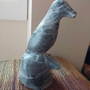 Vintage Inuit Canadian Grey Soapstone Seal with Fish, Signed and Numbered, 7 Inches