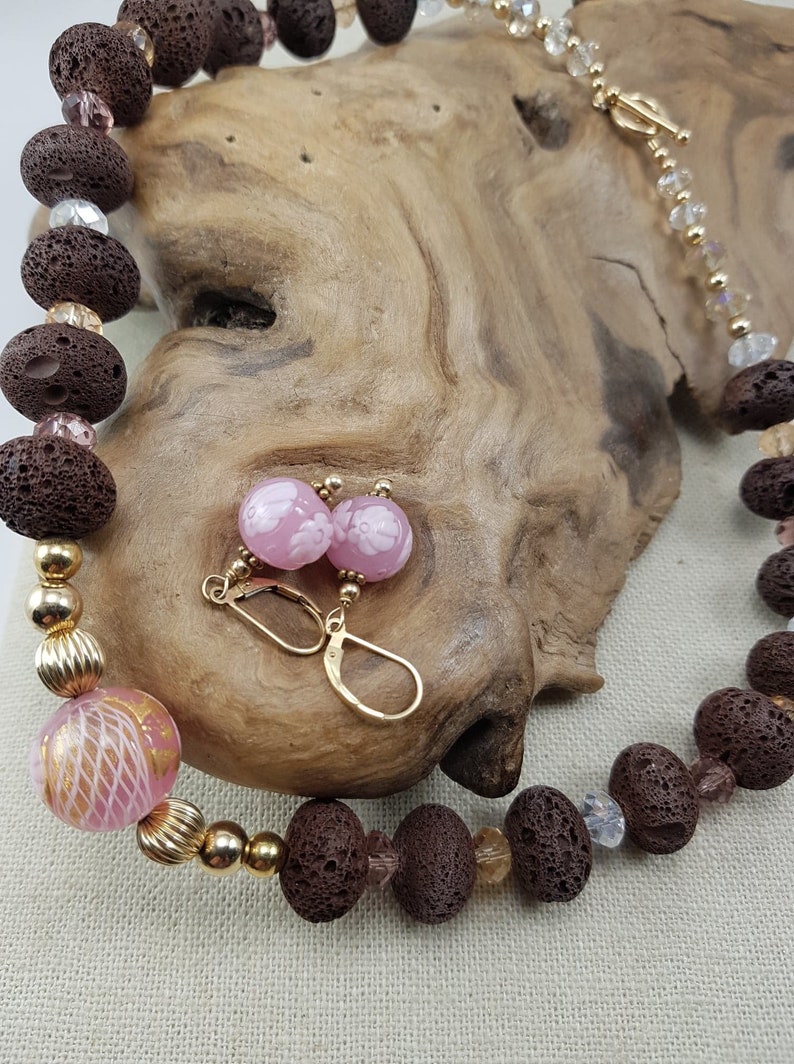 Vintage Murano Italian Pink Glass and Brown Beaded necklace with Matching Earrings