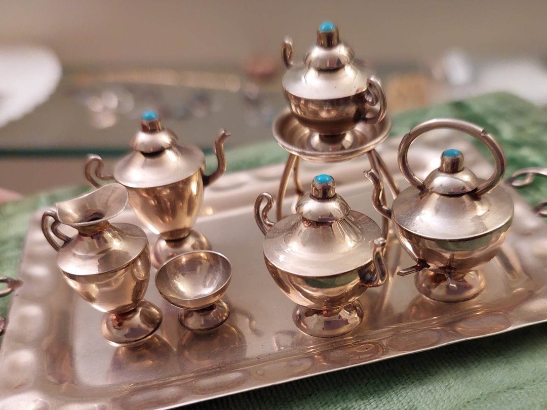 Vintage Small Silver Mexican Tea Set With Turquoise Stone Lids Etsy