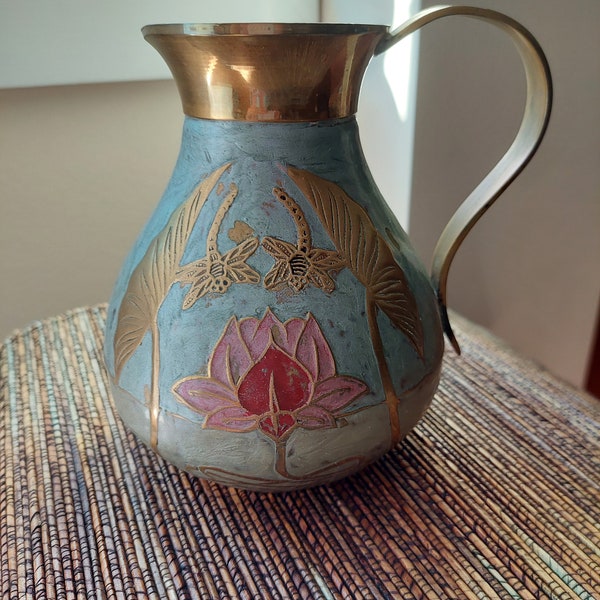 vintage bleu clair et rose fleur de lotus émail et laiton 6 pouces pichet vase-fabriqué en Inde