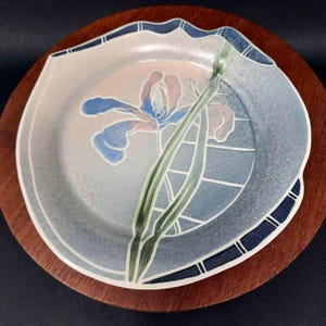 Studio Pottery Hand Carved and Glazed Iris Flower Plate, Signed
