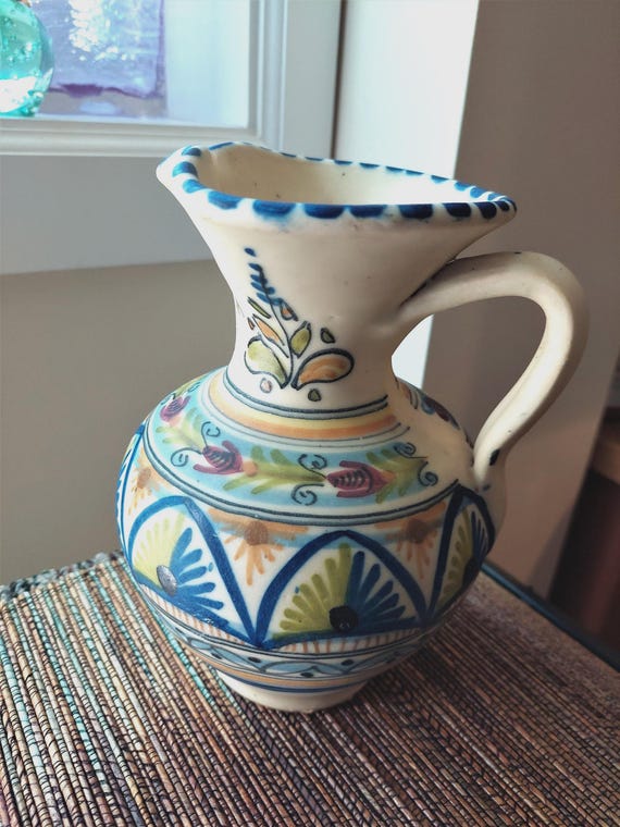 7.5 Inches Vintage Bohem Hand Painted Porcelain Handled Vase, Pitcher
