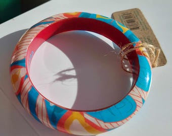ONE Haida Native Colorful Design Wood Bangle Signed, New with tags
