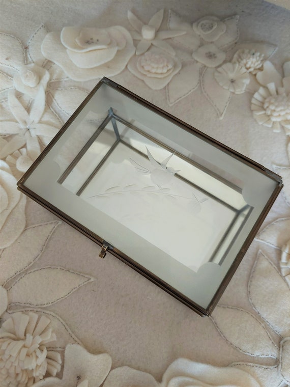 Etched Bird Glass and Brass Mirrored Jewelry Box - image 5