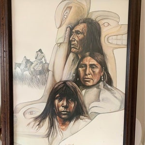 23.5 Inch Amazing First Nations 1977 Wood Framed Print by well known Canadian Artist Paul Ygartua