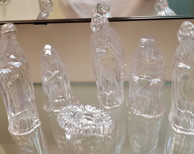 Clear Iridescent Glass Nativity Set, Mary, Joseph, Baby Jesus, Three