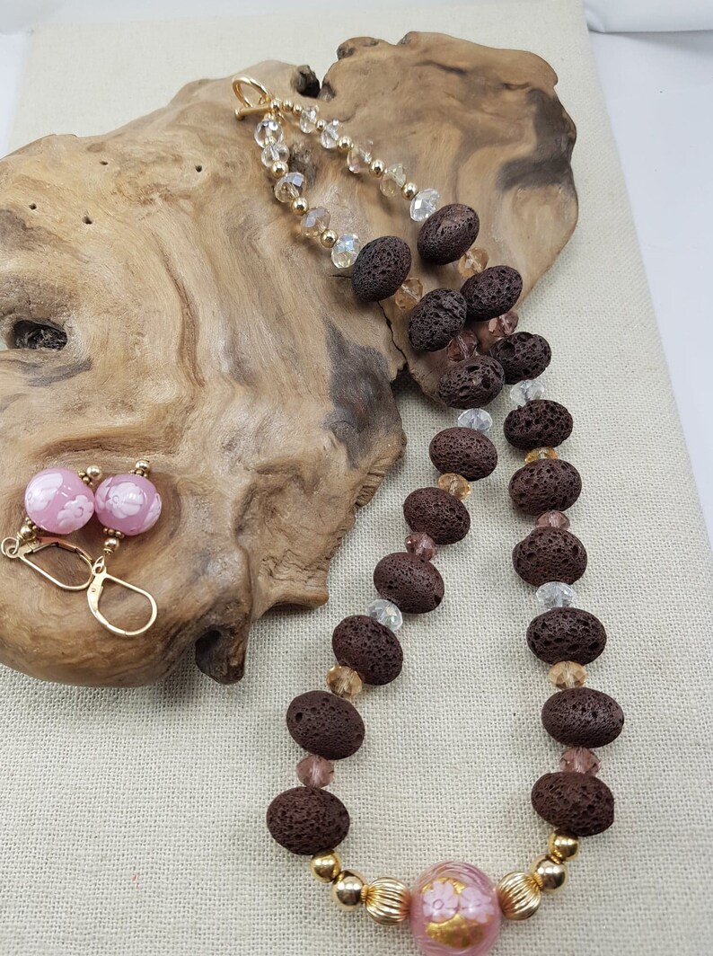 Vintage Murano Italian Pink Glass and Brown Beaded necklace with Matching Earrings