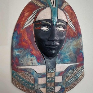Impresionante máscara de cerámica Raku de Cleopatra de 14,5 pulgadas, firmada por Studio Pottery