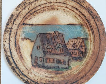 Plato de pared de cerámica vintage grande, artista de Quebec, plato de pared de cerámica de estudio de 12,5 pulgadas