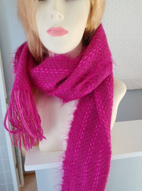 Fuschia Pink Mohair Wool Hand Woven Long Scarf