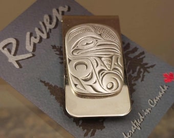 NEW Vintage First Nations Canadian Pewter RAVEN Money Clip , 2 Inches