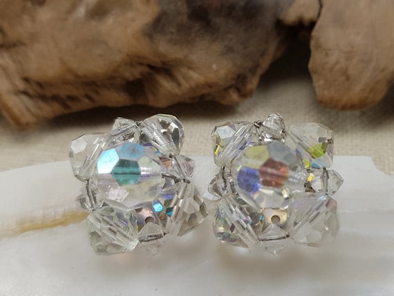 Boucles D'oreilles Vintage - Cristal Boréalis Multicolore, Fermoir Clip - Bijou Ancien
