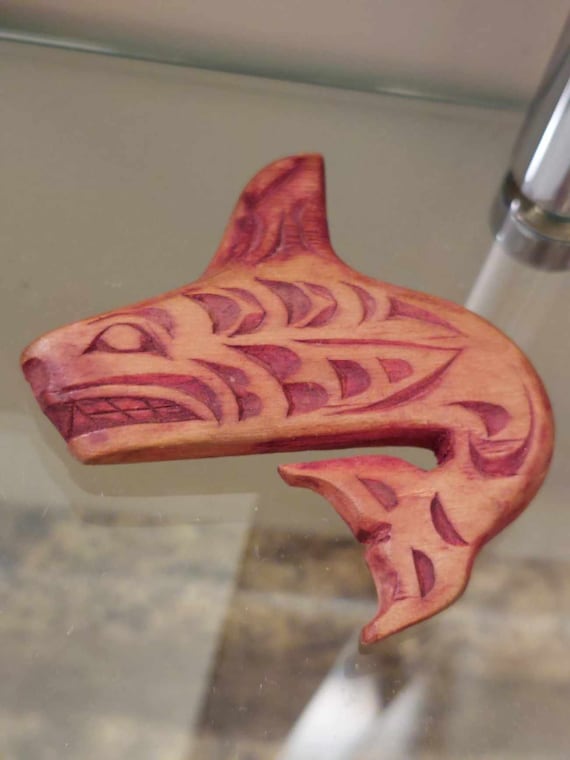First Nations Killer Whale Hand Carved Wood Brooch