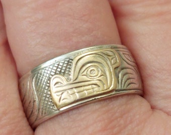 First Nations 14 Karat Gold and Sterling WOLF Ring, Size 9.5, Signed