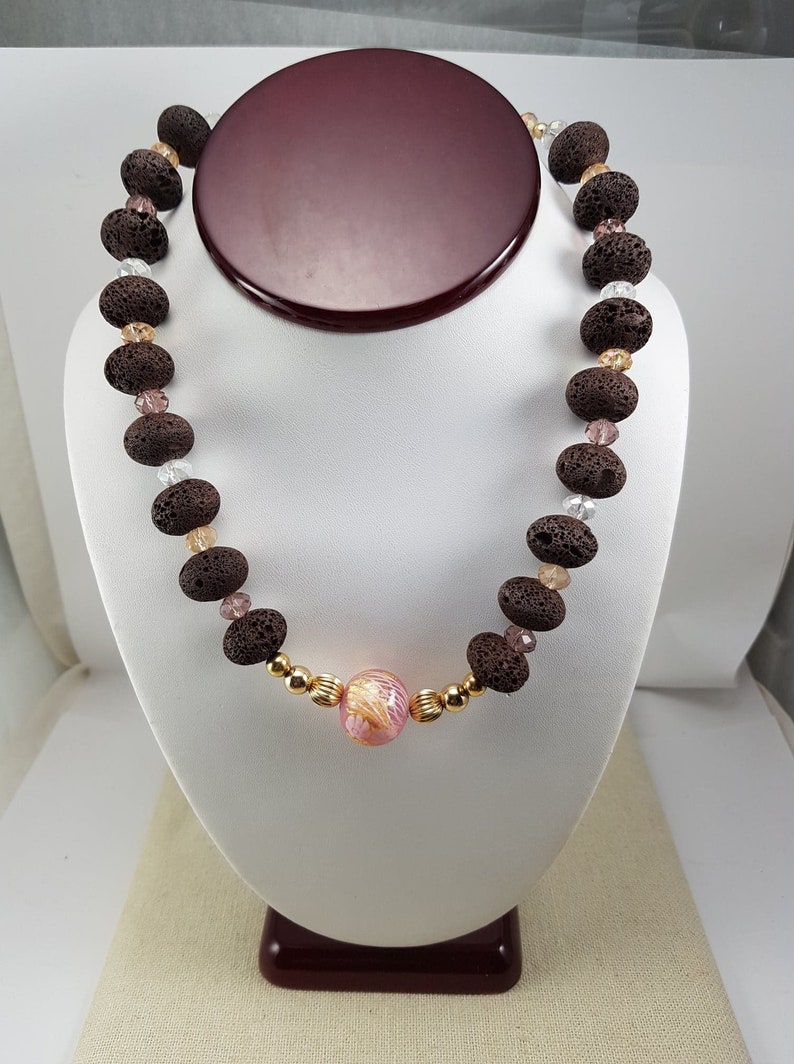 Vintage Murano Italian Pink Glass and Brown Beaded necklace with Matching Earrings