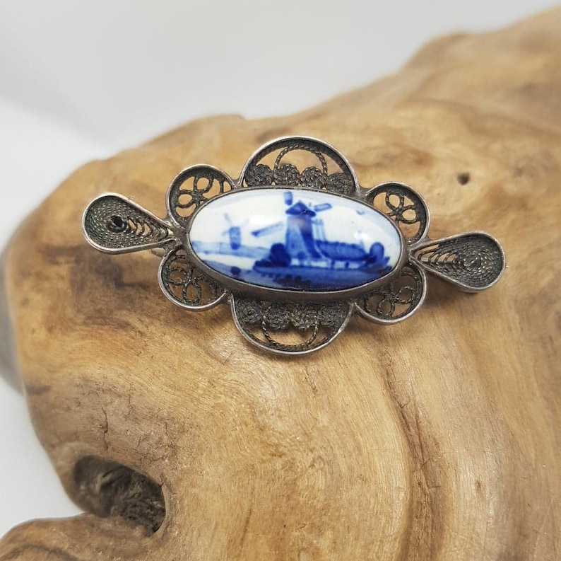 JW Authentic Signed Delft Blue and White Windmill Sterling Filigree Brooch