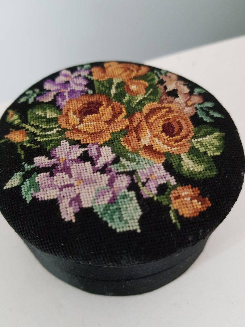 Vintage Embroidered Black Jewelry Trinket Container