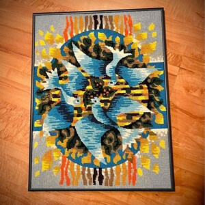 Vintage Tapestry French Trinity of Doves, Framed Art Nouveau