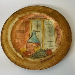 Vintage LARGE Ceramic WINE and Fruit Wall Plate, QUEBEC Artist, 12.5 Inch Studio Pottery Wall Plate