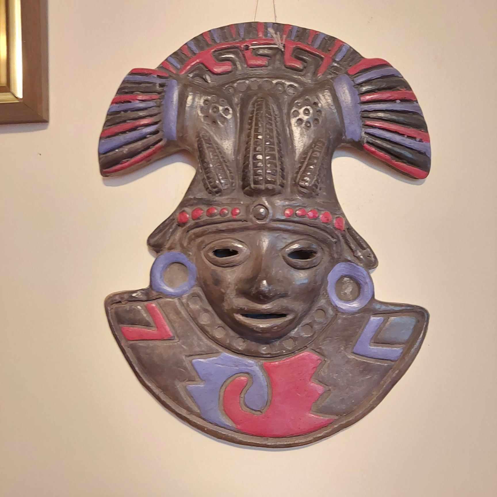 メキシコ、ユカタン半島産、12インチの彫刻粘土製マヤ仮面、伝統的な