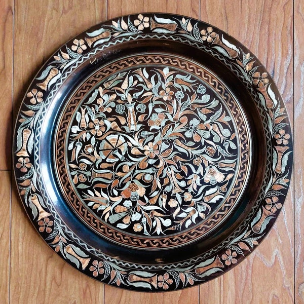 15 Inch Copper Istanbul Etched Flower Large Decorative Plate Hanging, Made in Turkey