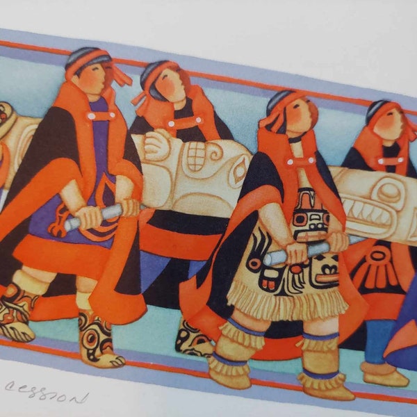 Barbara Lavallee Alaska Tlingit Indians Carrying Totem Pole Totemic Procession Signed Art Print 1995 Artique