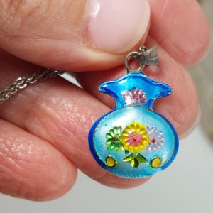 Vintage Cloisonne Small Flower Vase Pendant & Chain