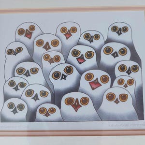 Framed and Matted Art Card &quot;PARLIAMENT of OWLS&quot; art card by Inuit artist Kananginak Pootoogook