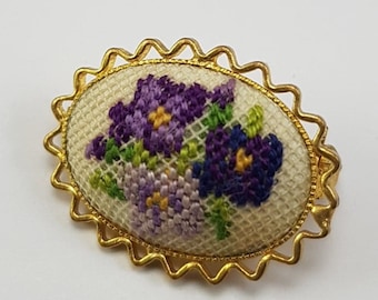 Vintage Petit Point Flower Brooch Pin Hand Embroidered