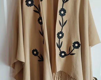 JS Original Beige Poncho with Black Floral Appliqué and Collar