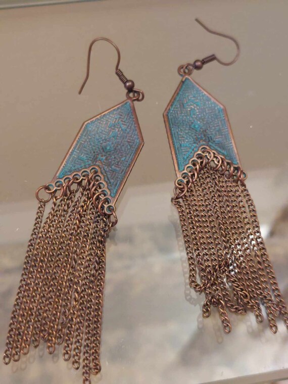 Boho Oxidized Metal Chain Long Dangle Earrings - image 4