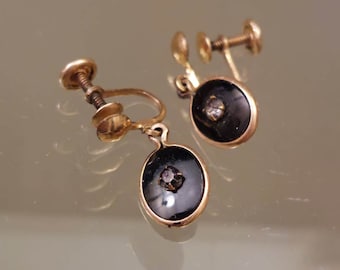 Vintage 1960 's 12k Yellow Gold Diamond Black Onyx Art Deco Earrings / Diamond Jewelry, 12k Gold Jewelry