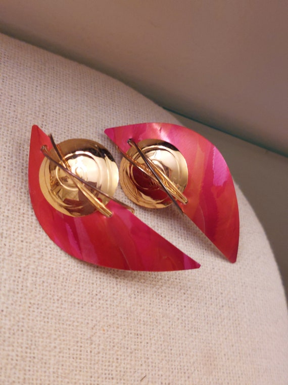 Enamel Pink and Gold Artisan Made Earrings - image 3