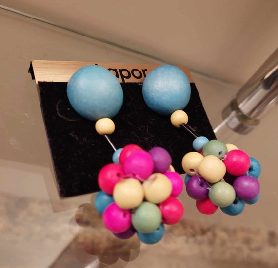 Retro Coloured Wood Ball Drop Earrings - image 1