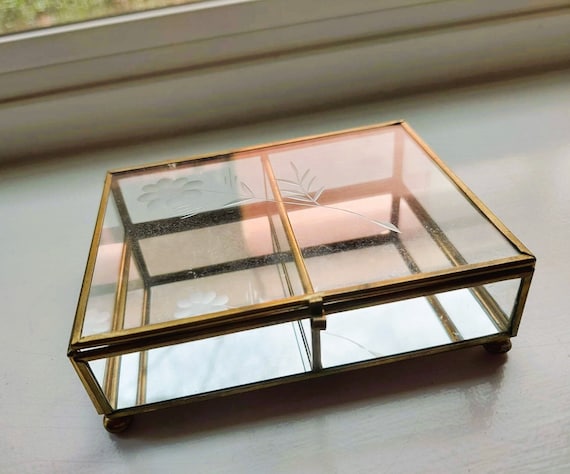 Etched Flower Glass and Brass Mirrored Jewelry Box - image 1