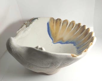 Large Studio Pottery Hand Made Clay Shell Dish with Barnacles, 10 Inches