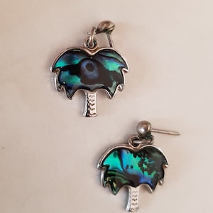 Vintage Silver and Inlaid Blue Palm Tree Abalone Stud Earrings