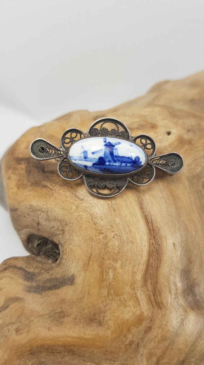 JW Authentic Signed Delft Blue and White Windmill Sterling Filigree Brooch