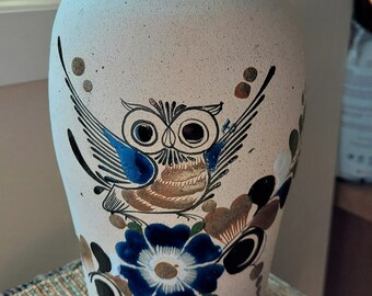 Tall Vintage Mexico Tonala Bird OWL Large Clay Vase