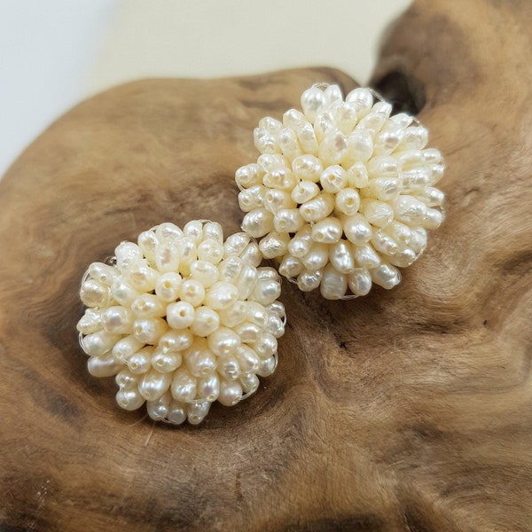 Vintage Fresh Water Rice Pearl Cluster Flower Clip Earrings