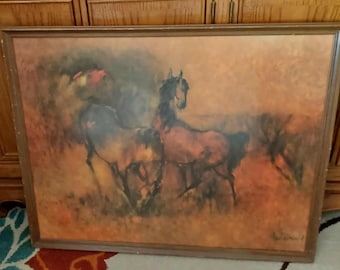 Litografía enmarcada de estilo vintage con dos caballos, del artista vietnamita Hoi Lebadang (Le Ba Dang).