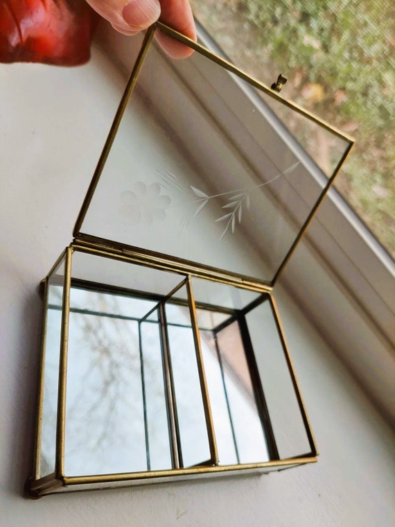 Etched Flower Glass and Brass Mirrored Jewelry Box - image 4
